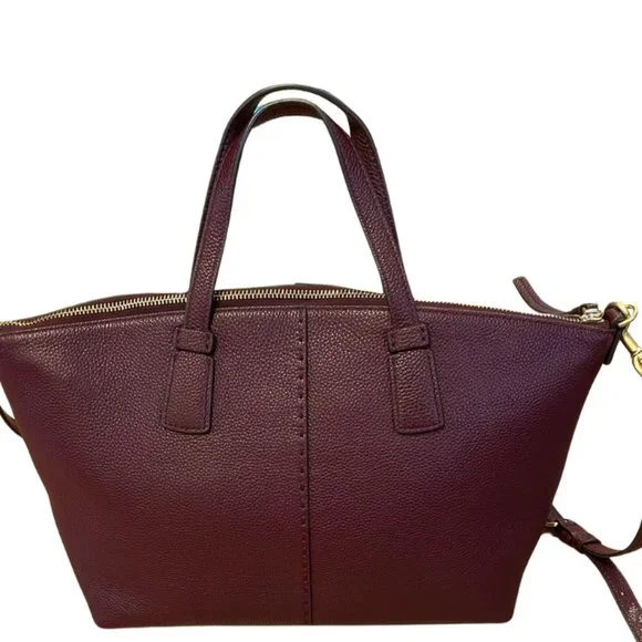 TORY BURCH McGraw Burgundy Pebbled Leather Zip Top Tote w/ Crossbody Strap